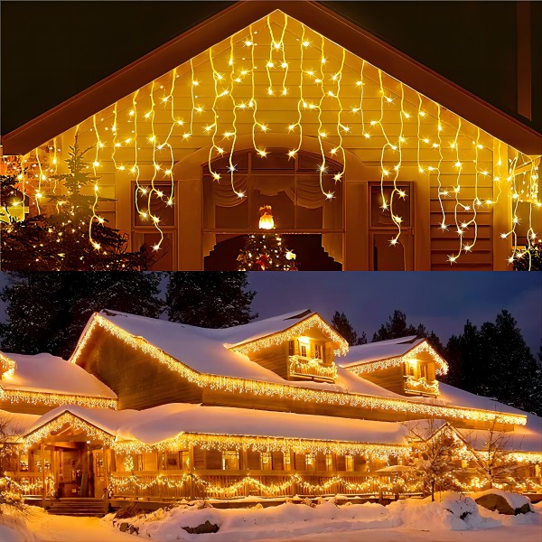 8 种模式防水冰柱圣诞灯户外带记忆功能，窗帘童话灯悬挂装饰，适合家庭、派对、婚礼、圣诞节（暖白色