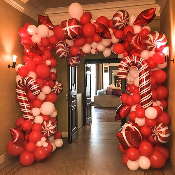 BONROPIN Christmas Balloon Wreath Arch Kit 144 balloons with Christmas red and white candy gift box balloons Red Star balloons for Christmas party decorations